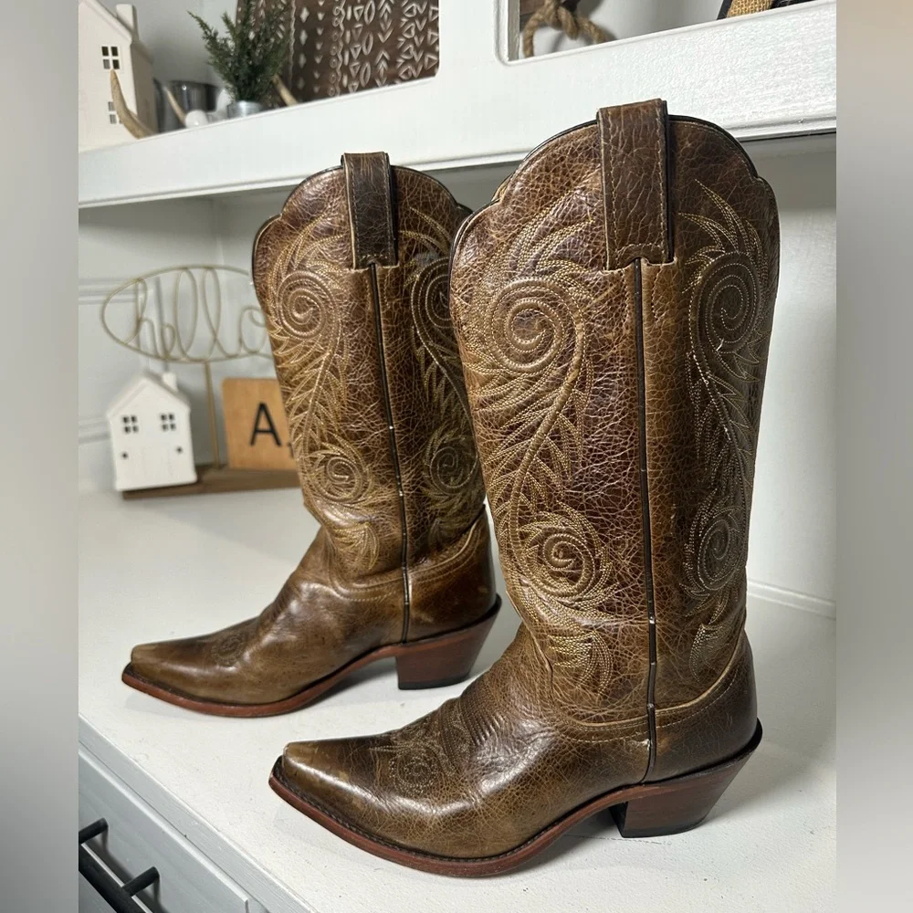 Justin Western Boots Womens 7.5B Brown Leather Cowboy Boots Embroidered Classic - Picture 1 of 8